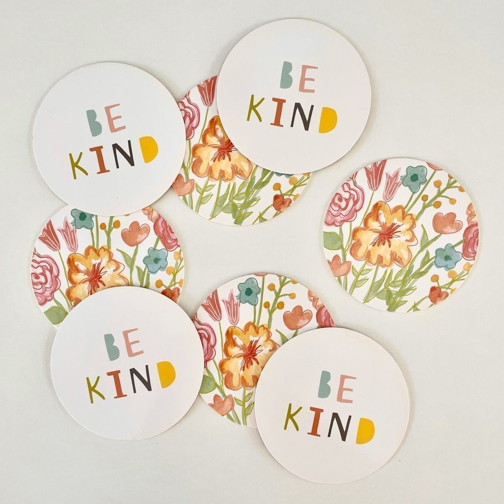 Set of 8 Cardboard Paper Coasters, 2 Sided, Floral & “Be Kind’ on the fl…